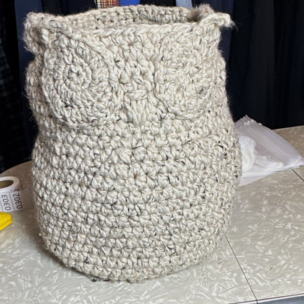 SAW Beige Owl Crochet Yarn Storage Basket w/ Handles Round 13 in, 10 x 10 in